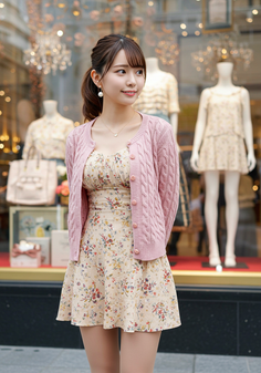Woman in a floral dress and pink cardigan standing outdoors
