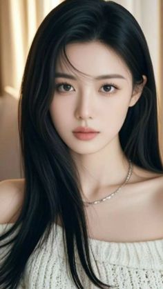 Woman with long black hair wearing an off-shoulder top and silver necklace