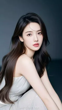 Woman with long dark hair in a white dress against a dark background