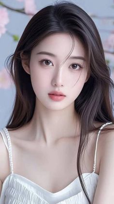Realistic portrait of a woman with long dark hair and a white top