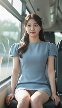 Woman in a light blue dress sitting on a bus with exposed skin