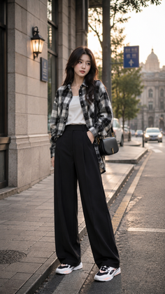 Woman in a plaid shirt and wide leg pants on a street at golden hour