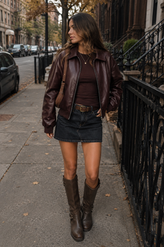 Woman in a leather jacket and denim skirt walking on a city street