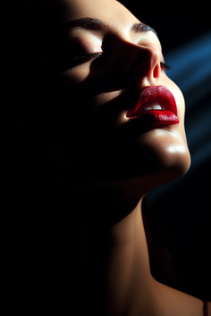 Close up of a woman's face with red lipstick and dramatic lighting