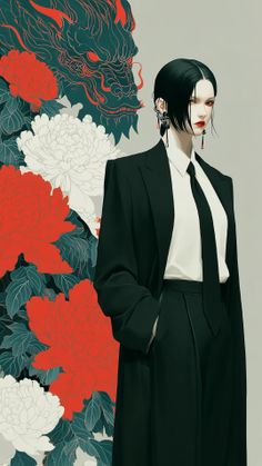 Woman in a black suit with a dragon and floral background