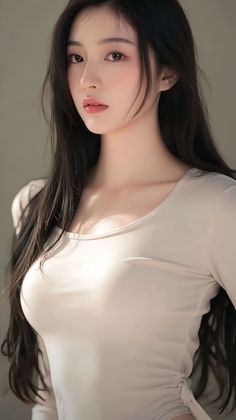 Woman with long black hair wearing a tight top with soft lighting