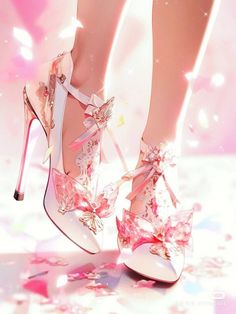Anime style illustration of feet in white high heels with pink bows and floral patterns