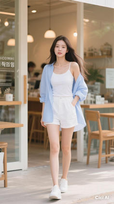 Woman with long dark hair wearing a blue shirt and white shorts outdoors