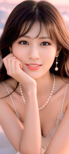 Woman with long hair and pearl jewelry, smiling softly