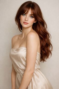 Woman with long red hair and blue eyes wearing a champagne strapless dress