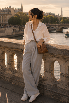 Woman in a white shirt and wide leg pants on a bridge at golden hour
