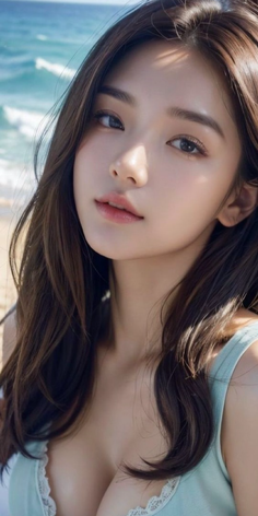 Realistic portrait of a woman with long hair and cleavage at the beach