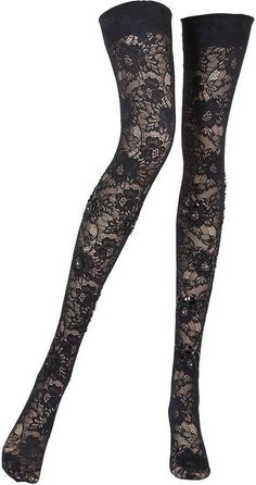 Pair of black lace thigh-high stockings with floral patterns and beaded details