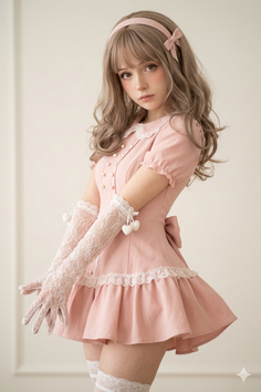 Woman in a pink frilly dress with lace gloves and thigh high socks