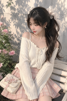 Woman with long hair and a bow accessory, wearing an off-shoulder top and plaid skirt
