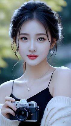 Woman with an updo wearing a black camisole and holding a camera