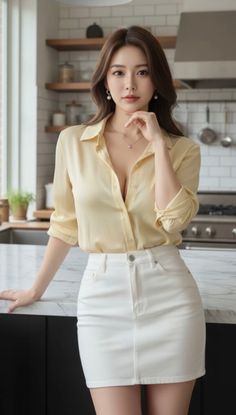 Woman in a yellow shirt and white skirt in a kitchen