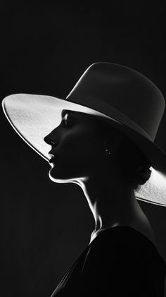 Woman in a wide brim hat in dramatic black and white profile lighting