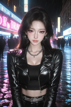 Woman in a leather jacket and choker on a neon-lit city street at night