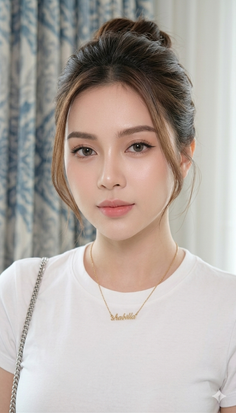 Woman with an updo hairstyle wearing a white t-shirt and a name necklace