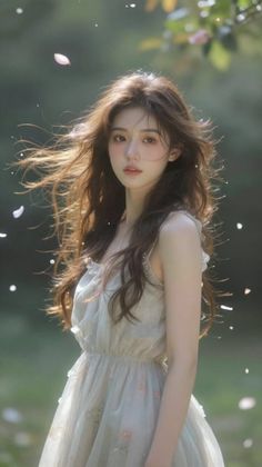 Woman with long hair in a light dress outdoors with falling petals