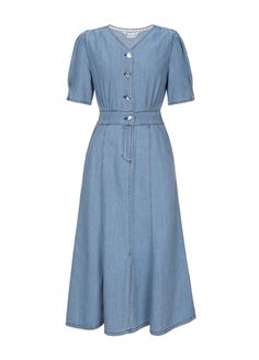 Light blue denim midi dress with short puffed sleeves and button front