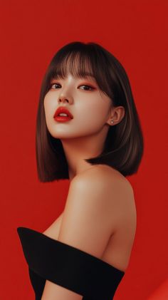 Woman with short hair and red makeup against a red background