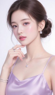 Woman with purple eyes and an updo wearing a purple top and jewelry