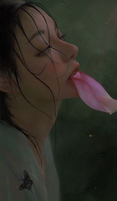 Illustration of a person with wet hair and a pink petal in their mouth