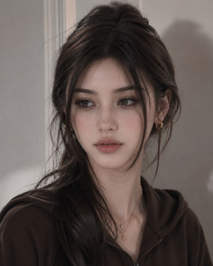 Woman with long brown hair wearing a brown hoodie and delicate jewelry