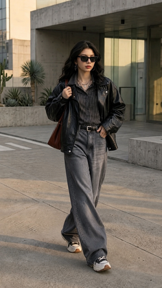 Woman in a black leather jacket and wide leg jeans walking outdoors at golden hour