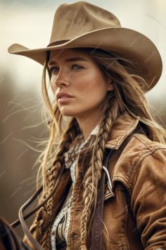 Woman with long braided hair and a cowboy hat in a brown jacket