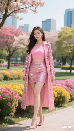 Woman in a pink sequin outfit and long coat in a flower garden