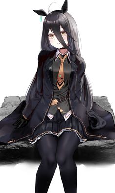 Anime girl with long black hair wearing a dark school uniform and thigh high socks