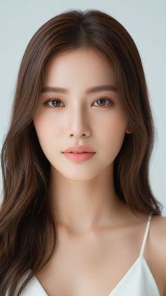 Woman with long brown hair wearing a white top, looking directly at the camera