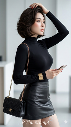 Woman with short hair in a black turtleneck and leather skirt holding a phone