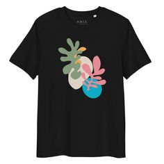 Black t-shirt with a colorful abstract design of organic shapes