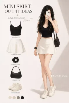 Illustration of a woman in a black crop top and white mini skirt with outfit ideas