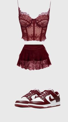 Maroon lace lingerie set with a matching mini skirt and sneakers