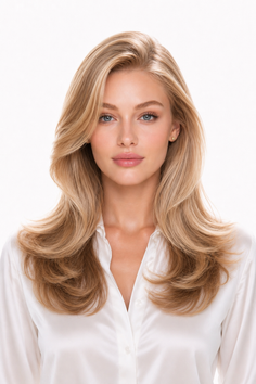 Woman with long blonde hair and blue eyes wearing a white shirt