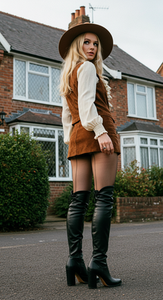 Woman in a brown hat and suede skirt with thigh-high boots on a street