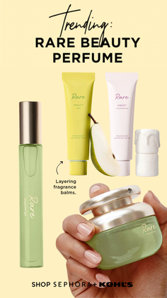 Various Rare Beauty perfume and fragrance products with a pear on a light background