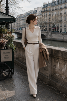 Woman in a cream top and white pants walking along a river in a city
