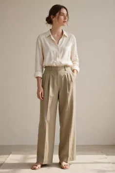 Woman in a white shirt and wide leg pants standing indoors with soft lighting
