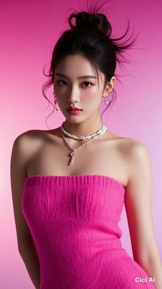 Woman in a pink strapless dress with an updo hairstyle and jewelry