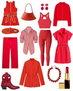 Collection of red clothing and accessories on a white background