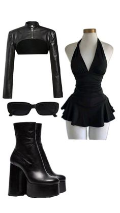 Collection of black clothing and accessories on a white background