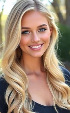 Blonde woman with blue eyes smiling outdoors with soft lighting