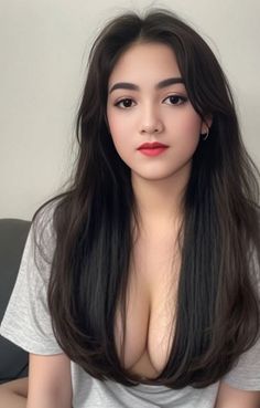 Woman with long dark hair and red lipstick wearing a low-cut gray t-shirt