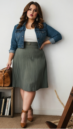 Woman in a denim jacket and pleated skirt posing indoors